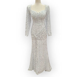 NWT White Fitted Long Sleeve Sequin Gown with Leg Slit and Corset Back